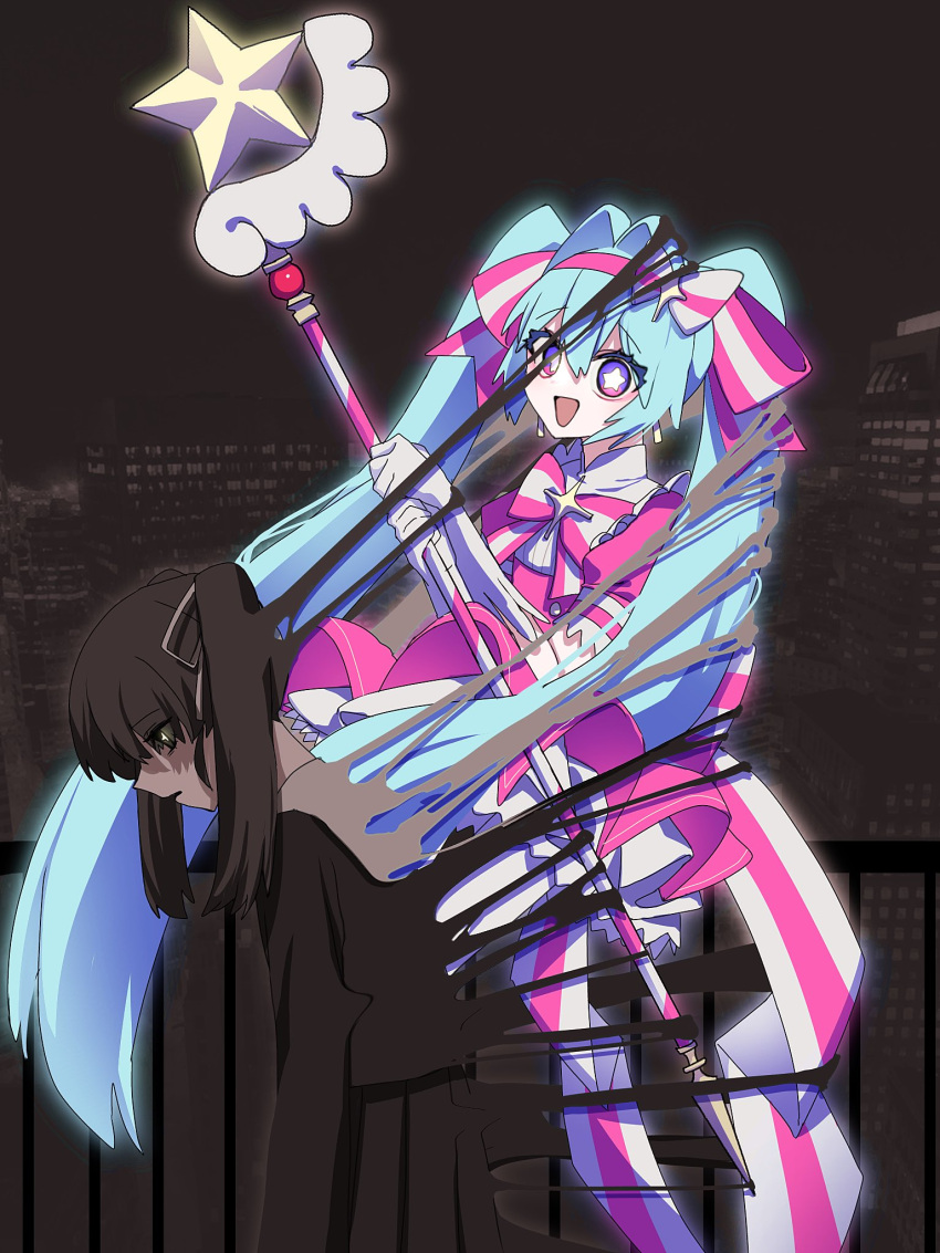 2girls, black_hair, blue_hair, bow, bowtie, cityscape, commentary, commentary_request