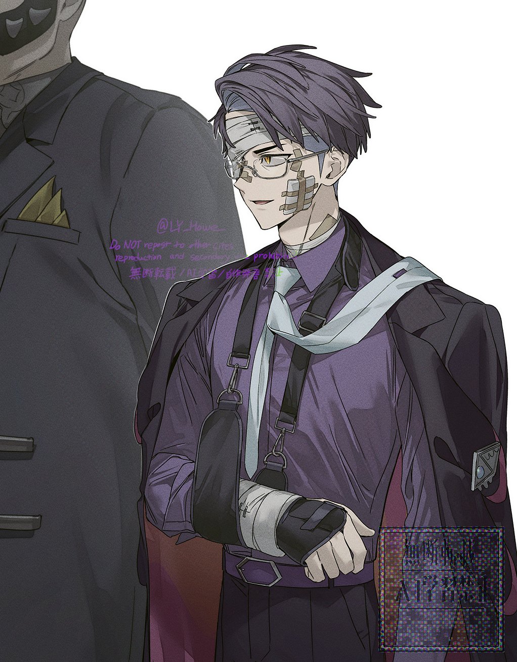 2boys, arm_sling, bandage_over_one_eye, bandaged_head, bandages, bandaid, bandaid_on_neck, belt