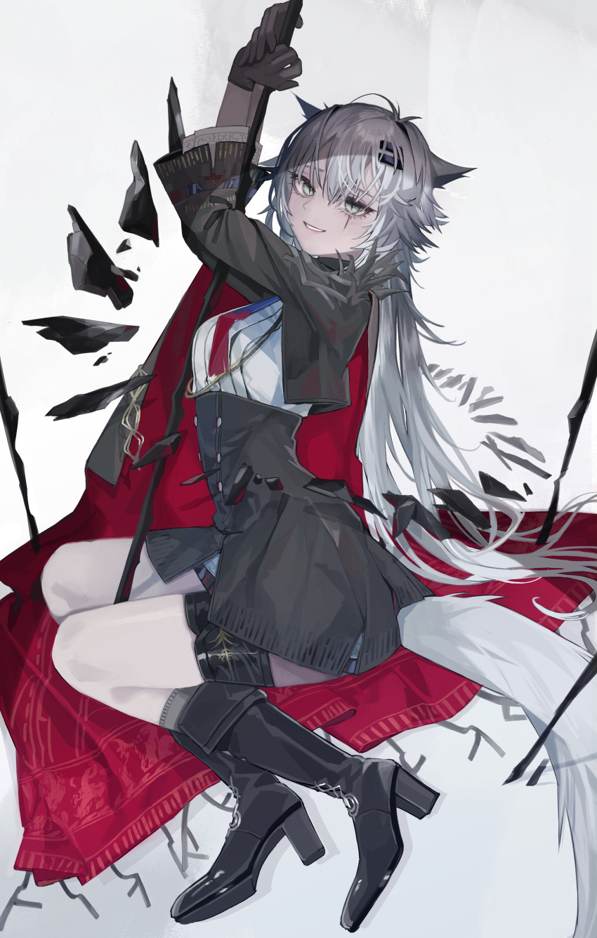 1girl, absurdly_long_hair, absurdres, animal_ears, arknights, black_boots, black_skirt, boots
