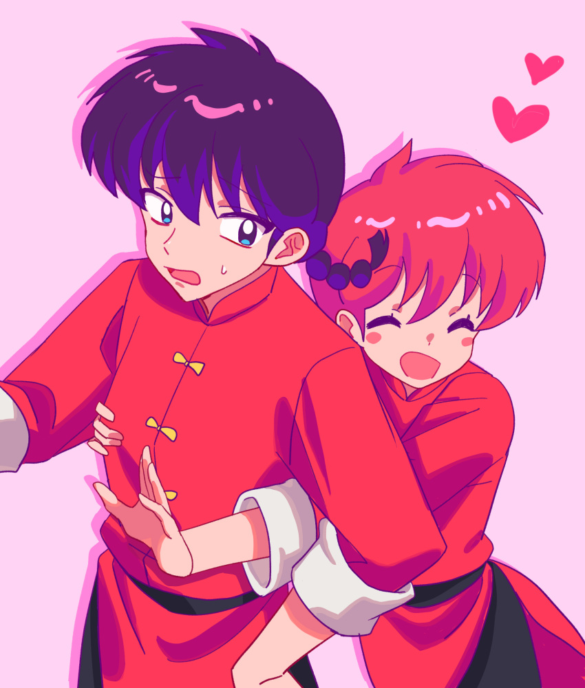 1girl, black_hair, blue_eyes, blush_stickers, chinese_clothes, closed_eyes, dual_persona, heart