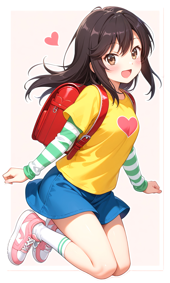 1girl, ai-generated, backpack, bag, black_hair, blue_skirt, highres, ichijou_hotaru