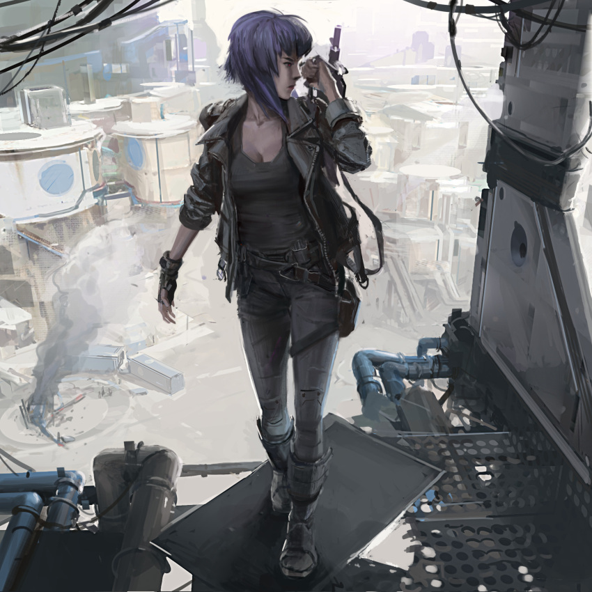 1girl, belt, boots, commentary, english_commentary, full_body, ghost_in_the_shell, ghost_in_the_shell:_stand_alone_complex, highres, industrial, industrial_pipe, jacket, kusanagi_motoko, looking_to_the_side, medium_hair, phoebe_herring, platform, purple_hair, red_eyes, solo