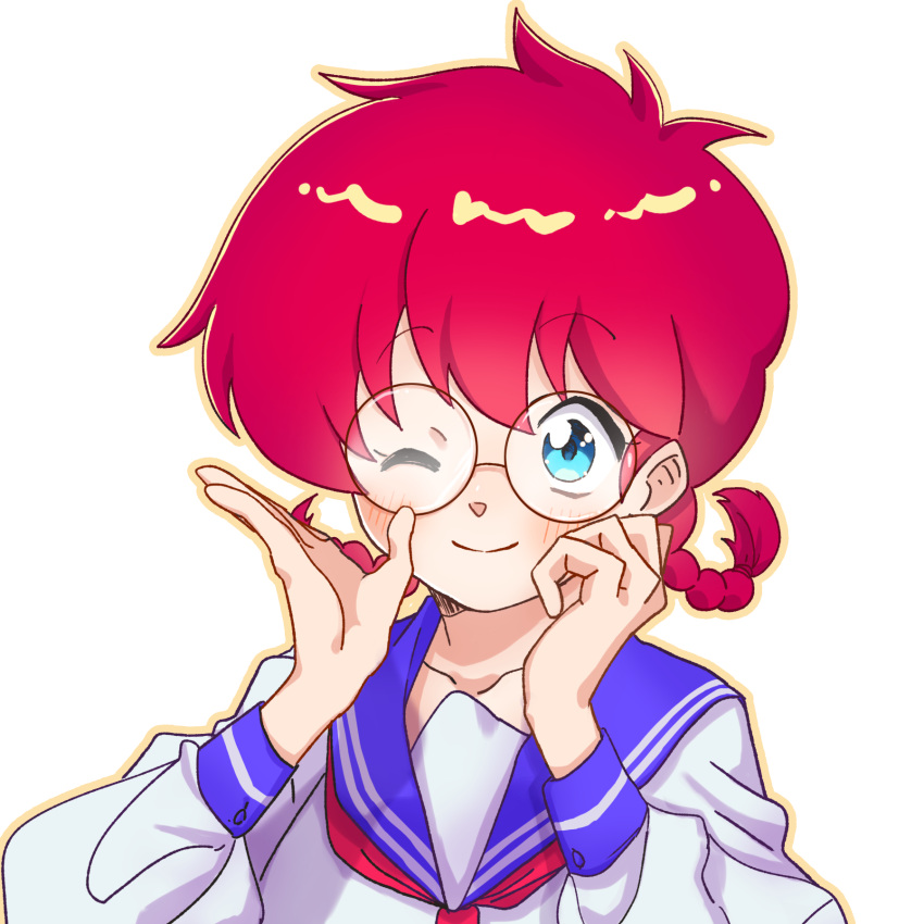 1girl, blue_eyes, blue_sailor_collar, blush, braid, braided_ponytail, commentary_request, glasses, highres, looking_at_viewer, miyano68mamo, one_eye_closed, ranma-chan, ranma_1/2, red_hair, round_eyewear, sailor_collar, school_uniform, serafuku, simple_background, smile, solo