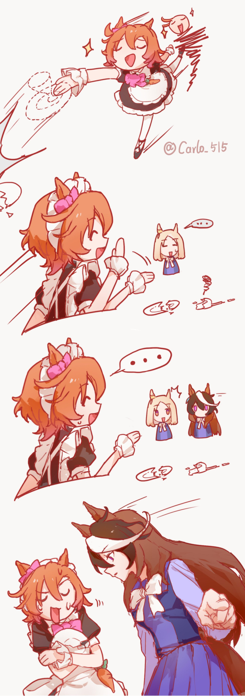 ..., 3girls, ^^^, ^_^, absurdres, afterimage, alternate_costume, animal_ears, apron, back_bow, black_dress, black_shoes, blonde_hair, blue_shirt, blue_skirt, bow, bowtie, broken_cup, broken_plate, brooch, brown_hair, carlo_515, circle_skirt, closed_eyes, closed_mouth, commentary, criss-cross_back-straps, cup, disappearance_outline, dress, dropping, ear_bow, ear_ornament, enmaided, expressionless, floating_clothes, frilled_apron, frilled_dress, frilled_wrist_cuffs, frills, hair_between_eyes, happy, highres, holding, holding_plate, holding_saucer, horse_ears, horse_girl, horse_tail, horseshoe_ornament, jewelry, leg_up, long_sleeves, looking_at_viewer, maid, maid_headdress, mary_janes, medium_hair, motion_lines, multicolored_hair, multiple_girls, narita_top_road_(umamusume), nervous, nervous_smile, open_mouth, orange_hair, pantyhose, parted_lips, pink_bow, pink_eyes, plate, pleated_skirt, pointy_ears, saucer, school_uniform, sequential, shirt, shoes, short_dress, short_hair, simple_background, skirt, smile, speech_bubble, spoken_ellipsis, squiggle, streaked_hair, sweatdrop, symbol-only_commentary, symboli_rudolf_(umamusume), t.m._opera_o_(umamusume), tail, teacup, tracen_school_uniform, twitter_username, umamusume, violet_eyes, waving, white_apron, white_background, white_bow, white_bowtie, white_pantyhose, white_wrist_cuffs, winter_uniform, wrist_cuffs