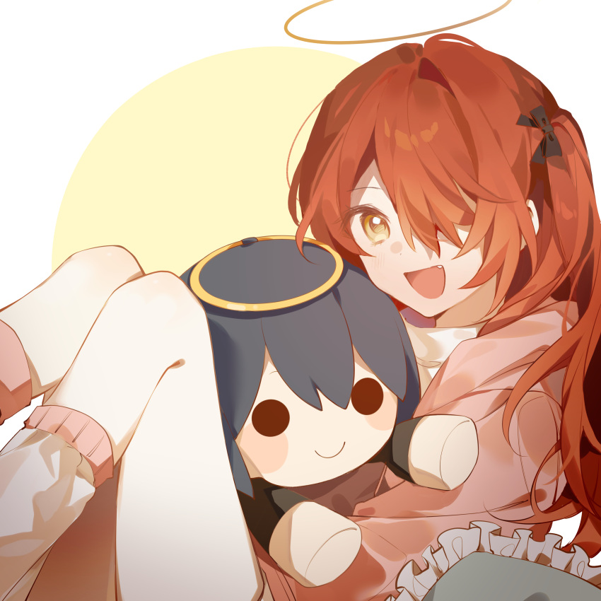 1girl, :d, absurdres, alternate_costume, alternate_hair_length, alternate_hairstyle, arknights, ayster, character_doll, chinese_commentary, commentary_request, doll, exusiai_(arknights), hair_over_one_eye, halo, highres, holding, holding_doll, jacket, knees_up, long_hair, looking_at_viewer, mostima_(arknights), one_side_up, open_mouth, pink_jacket, red_hair, smile, socks, solo, traditional_halo, white_socks