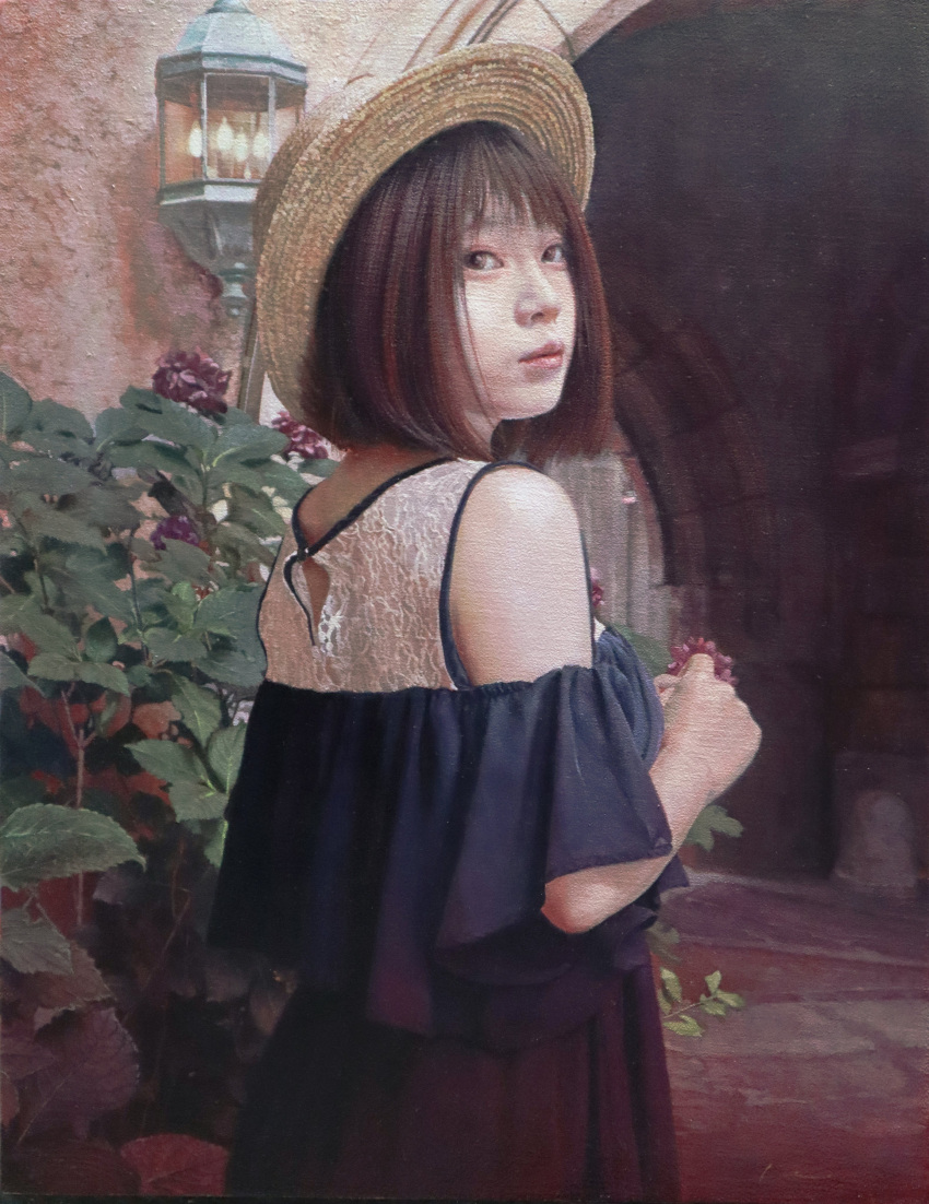 1girl, absurdres, arch, asian, blunt_bangs, bob_cut, commentary_request, flower