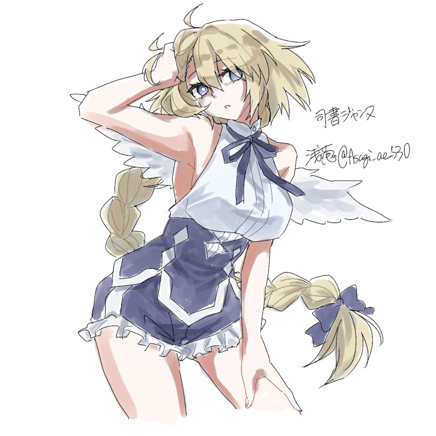 1girl, artist_name, asagi_ac_530, blonde_hair, blue_bow, blue_shorts, bow, braid, breasts, character_request, commentary, copyright_request, hair_between_eyes, hair_bow, hair_over_one_eye, hand_in_own_hair, hand_on_own_thigh, highres, long_hair, looking_at_viewer, shorts, simple_background, sleeveless, solo, symbol-only_commentary, white_background, white_wings, wings
