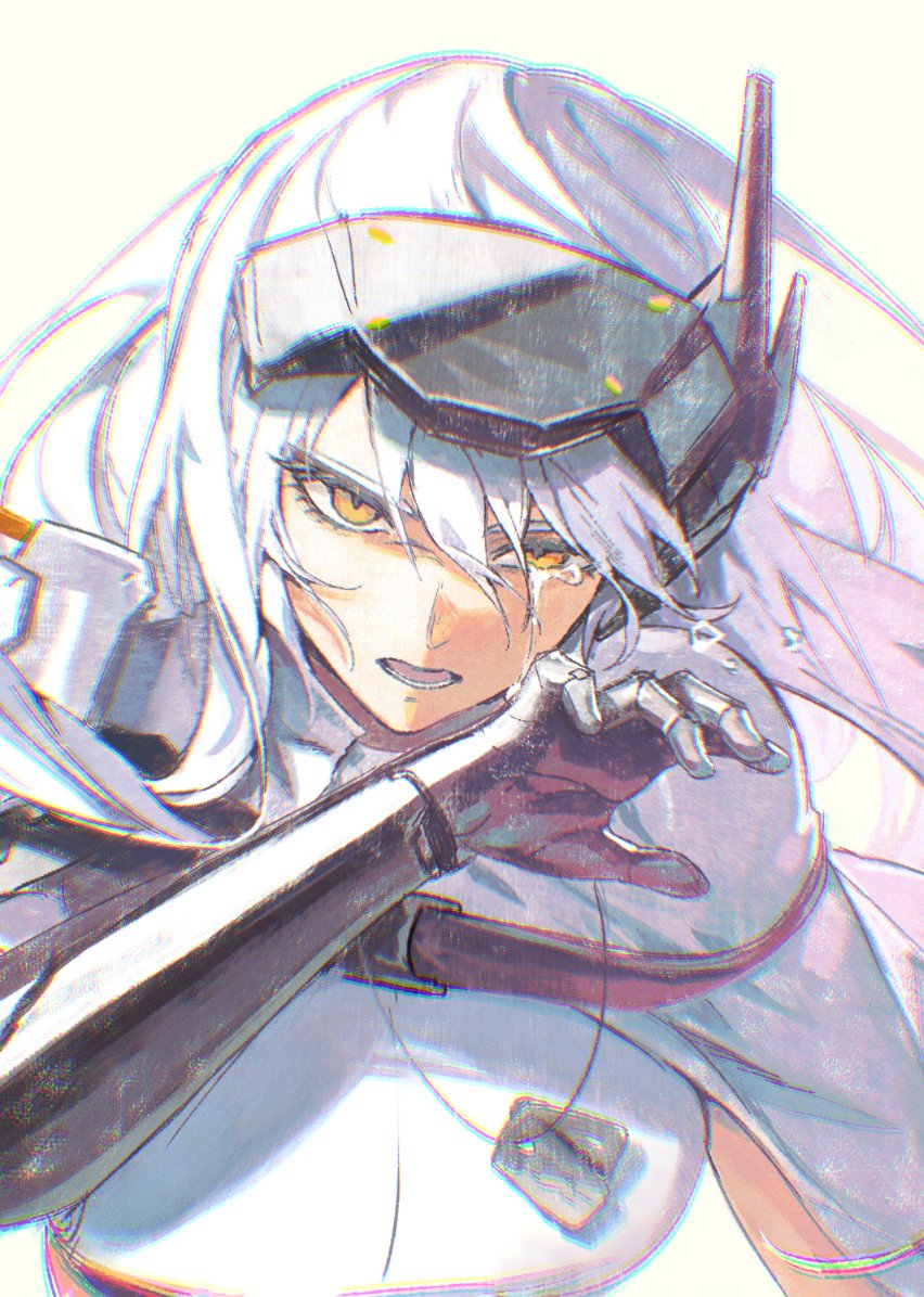 1girl, cloak, colored_eyelashes, commentary_request, dog_tags, goddess_of_victory:_nikke, korean_commentary, laejjo