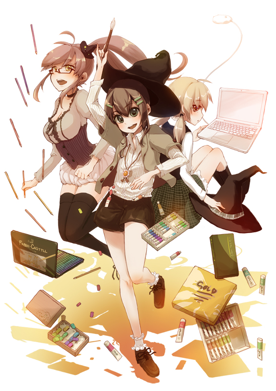 amupaka, color_pencil, colored_pencil, computer, computer_mouse, glasses, hair_ornament, hairclip, hat, laptop, multiple_girls, open_mouth, original, paintbrush, pencil, ponytail, thigh-highs, thighhighs, twintails, witch_hat, zettai_ryouiki