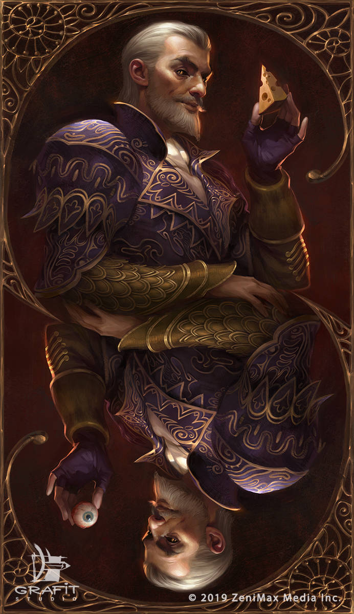 1boy, beard, black_sclera, border, brown_background, card, cheese, colored_sclera