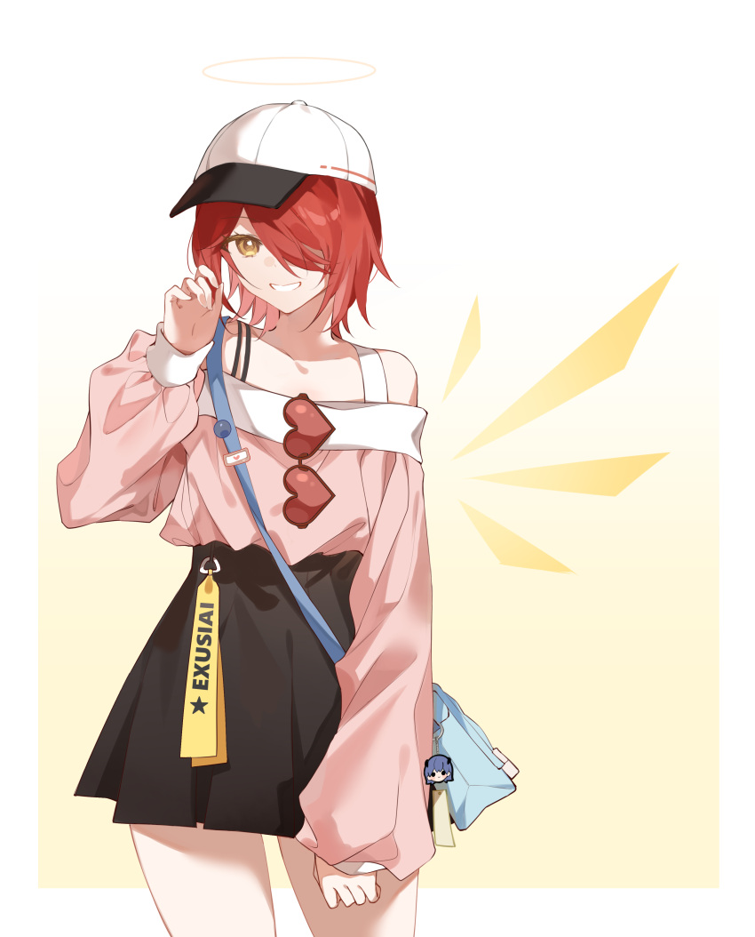 1girl, absurdres, alternate_costume, arknights, ayster, bag_charm, bare_shoulders, baseball_cap, black_skirt, blue_bag, character_charm, charm_(object), chinese_commentary, commentary_request, detached_wings, energy_wings, exusiai_(arknights), eyewear_hang, hair_over_one_eye, halo, hand_up, hat, heart, heart-shaped_eyewear, highres, looking_at_viewer, miniskirt, mostima_(arknights), off-shoulder_shirt, off_shoulder, pink_shirt, pleated_skirt, red_hair, shirt, short_hair, skirt, smile, solo, standing, traditional_halo, unworn_eyewear, white_hat, wings