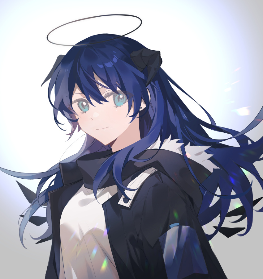 1girl, absurdres, arknights, ayster, black_jacket, blue_eyes, blue_hair, chinese_commentary