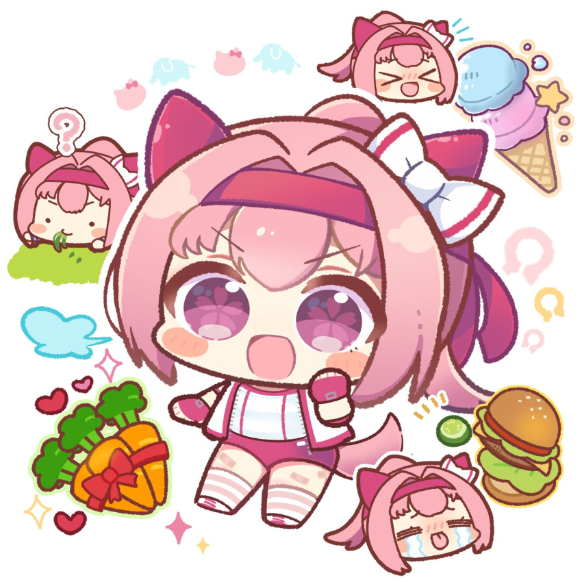 >_<, ._., 1girl, :d, :p, ?, animal_ears, bandaid, bandaid_on_leg, blush_stickers, bow, burger, buruma, carrot, chibi, chibi_only, closed_eyes, closed_mouth, commentary, crying, double-parted_bangs, ear_bow, ear_covers, eating, fingerless_gloves, flower-shaped_pupils, food, full_body, gloves, grass, hair_between_eyes, hair_intakes, haru_urara_(umamusume), headband, highres, horse_ears, horse_girl, horse_tail, ice_cream, jacket, long_hair, looking_at_viewer, mokemongetdaze, multiple_views, open_clothes, open_jacket, open_mouth, pink_eyes, pink_hair, pink_socks, ponytail, red_bow, red_buruma, red_gloves, red_headband, shirt, shoes, short_sleeves, smile, socks, standing, streaming_tears, striped_clothes, striped_socks, symbol-shaped_pupils, tail, tears, tongue, tongue_out, umamusume, white_background, white_bow, white_jacket, white_shirt, white_shoes, xd