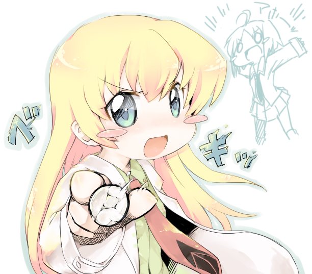 blonde_hair, blue_eyes, blush_stickers, chalk, katagiri_himeko, labcoat, long_hair, necktie