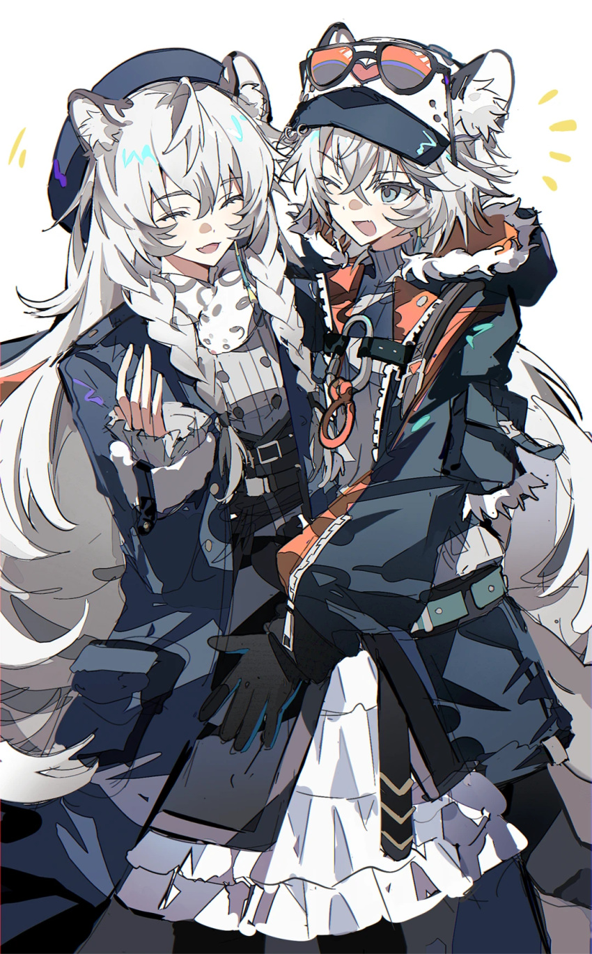 2girls, :d, alternate_costume, animal_ear_fluff, arknights, black_gloves, black_pantyhose, blue_coat