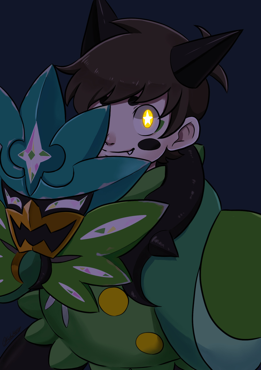1boy, absurdres, alternate_eye_color, animification, antenna_hair, black_horns, blue_background, borrowed_design