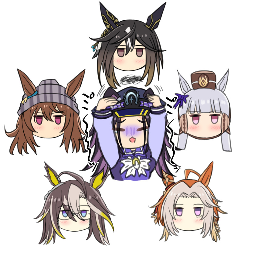 6+girls, ahoge, animal_ears, beanie, black_hair, blunt_bangs, brown_hair, commentary_request, dream_journey_(umamusume), ear_covers, ears_through_headwear, fenomeno_(umamusume), glasses, gold_ship_(umamusume), grey_hair, hair_between_eyes, hat, highres, horse_ears, horse_girl, long_hair, multicolored_hair, multiple_girls, nakayama_festa_(umamusume), orange_hair, orfevre_(old_design)_(umamusume), orfevre_(umamusume), shikokuken_(mrykk24), stay_gold_(umamusume), stay_gold_clan_(umamusume), umamusume, violet_eyes, white_hair