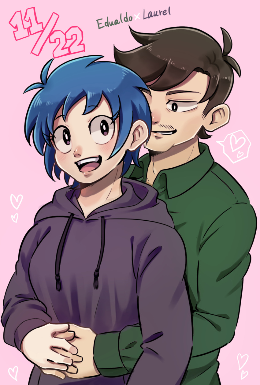 1boy, 1girl, :d, animification, antenna_hair, arms_around_waist, black_eyes, blue_hair