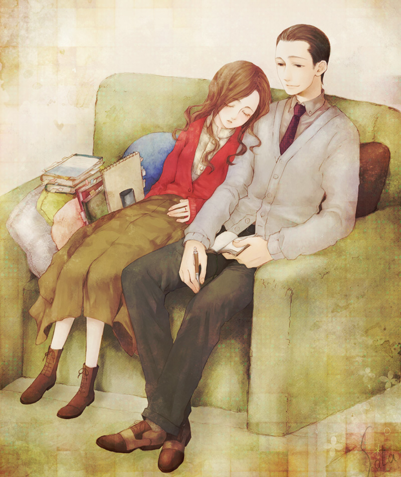 arthur_(inception), bad_id, book, boots, brown_hair, cardigan, couch, cushion