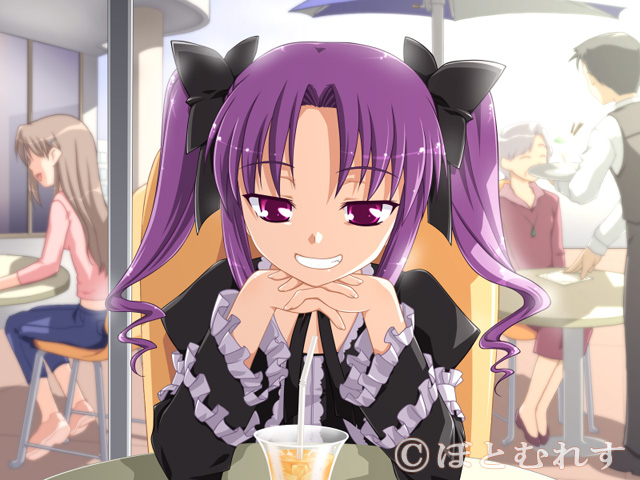 1boy, 3girls, amanohashi_aira, archived_source, dress, drink, game_cg, gothic_lolita, head_rest, kannazuki_genshi, lolita_fashion, long_hair, looking_at_viewer, multiple_girls, omakase!_trouble_angel, purple_hair, sitting, smile, solo_focus, sunlight, twintails, violet_eyes