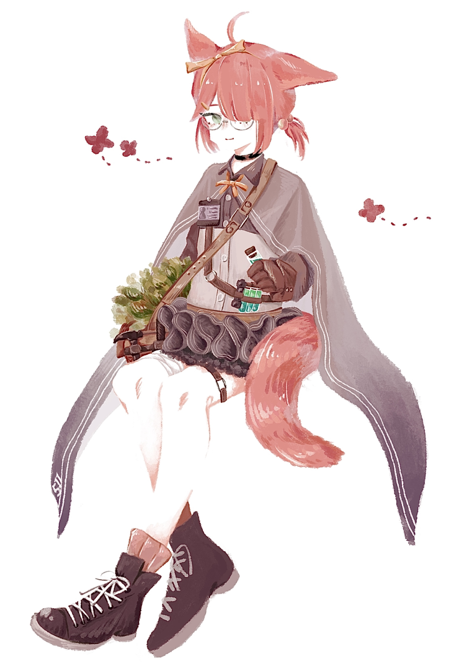 1girl, ahoge, animal_ears, arknights, bag, bandaged_leg, bandages, black_shoes