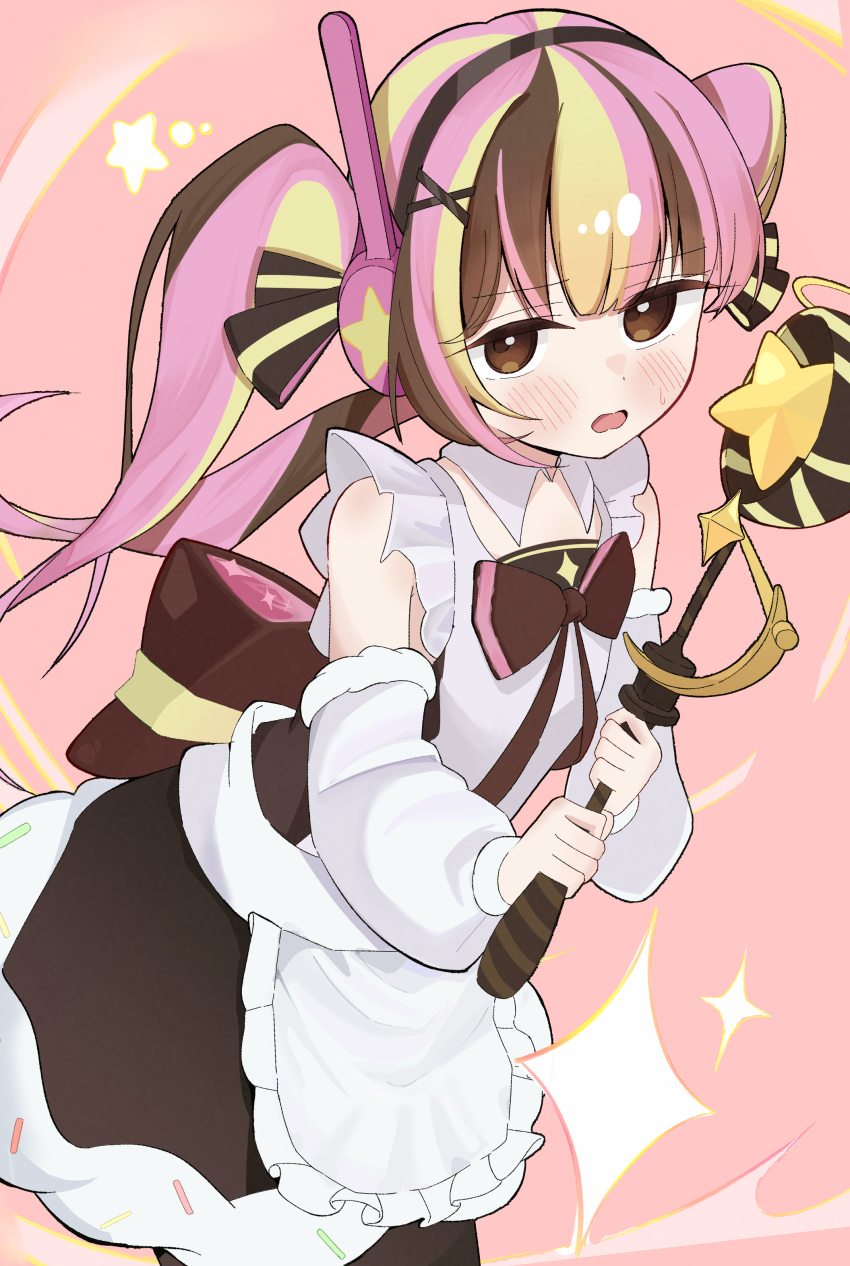 1girl, absurdres, alternate_costume, apron, astronaut_cookie, blonde_hair, blush, bow