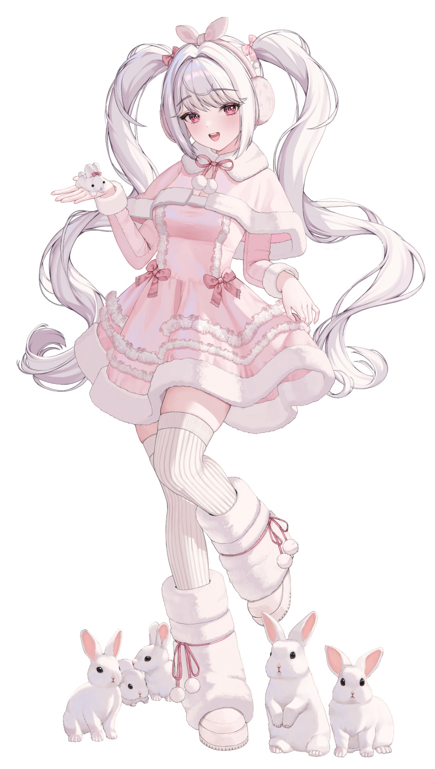 1girl, :d, absurdres, alice_(nikke), bow, breasts, commentary, dress, earmuffs, full_body, gaji, goddess_of_victory:_nikke, highres, long_hair, looking_at_viewer, official_alternate_costume, open_mouth, pink_bow, pink_dress, pink_eyes, rabbit, shoes, simple_background, skirt_hold, smile, solo, thigh-highs, twintails, white_background, white_shoes, white_thighhighs
