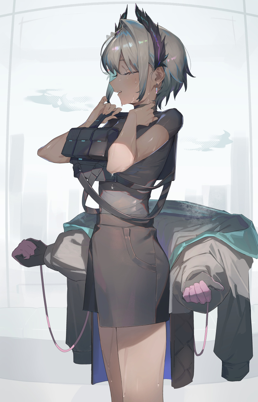 1girl, absurdres, arknights, black_gloves, black_jacket, black_shirt, black_shorts, closed_eyes