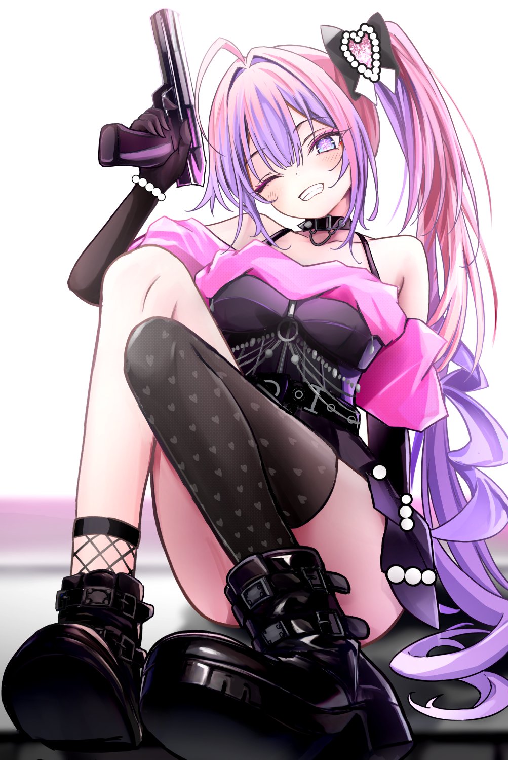 1girl, bare_shoulders, black_dress, blush, boots, bow, bracelet, choker