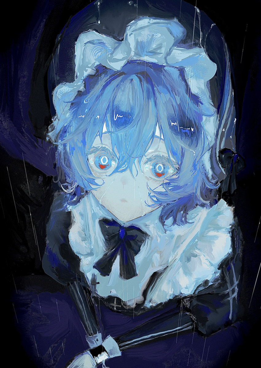 1girl, absurdres, aoi_(shibou_yuugi), blue_eyes, blue_hair, bound, bound_wrists, commentary_request