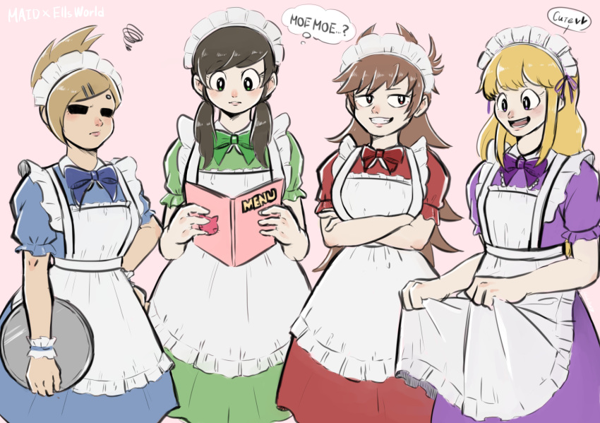 4girls, alternate_hair_color, alternate_hairstyle, animification, antenna_hair, apron, blonde_hair, blue_bow
