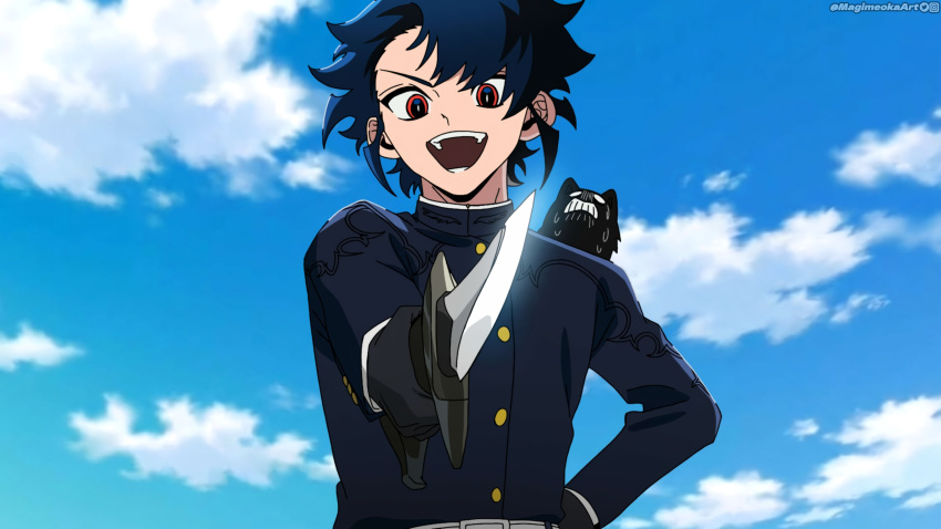 1boy, absurdres, black_hair, blue_sky, clouds, cloudy_sky, commentary, day