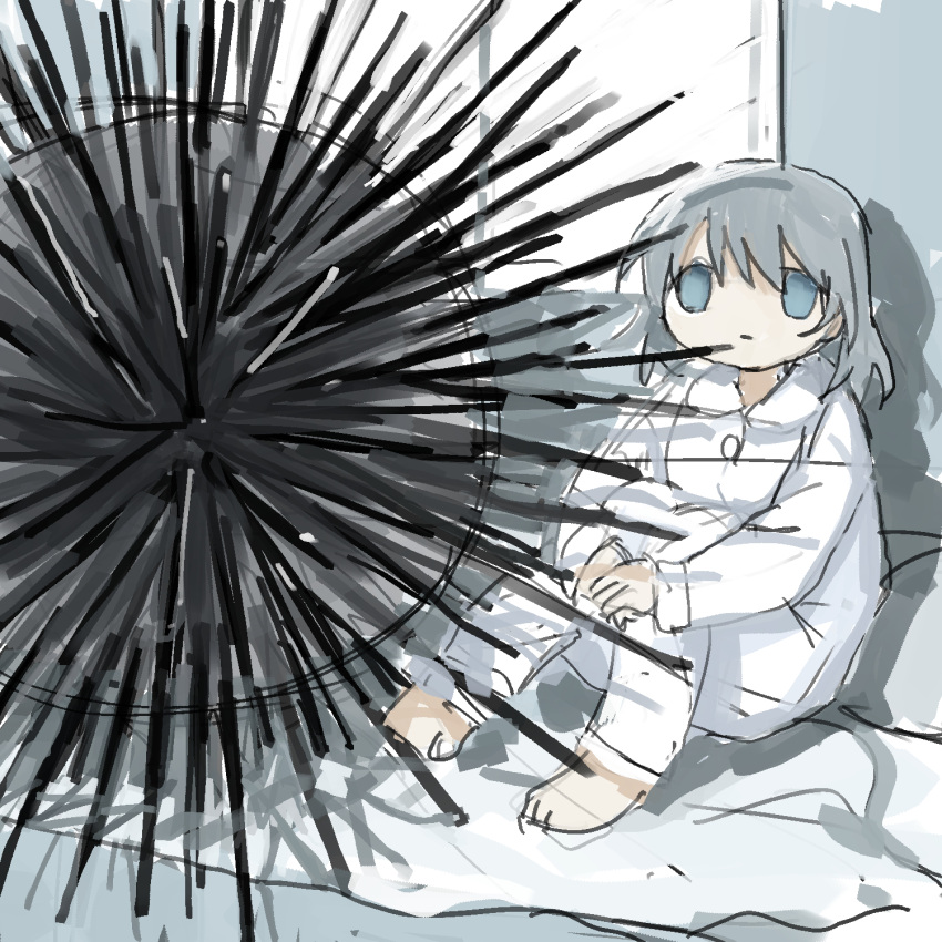 1girl, :|, aqua_eyes, bedroom, closed_mouth, darkness, grey_hair, highres