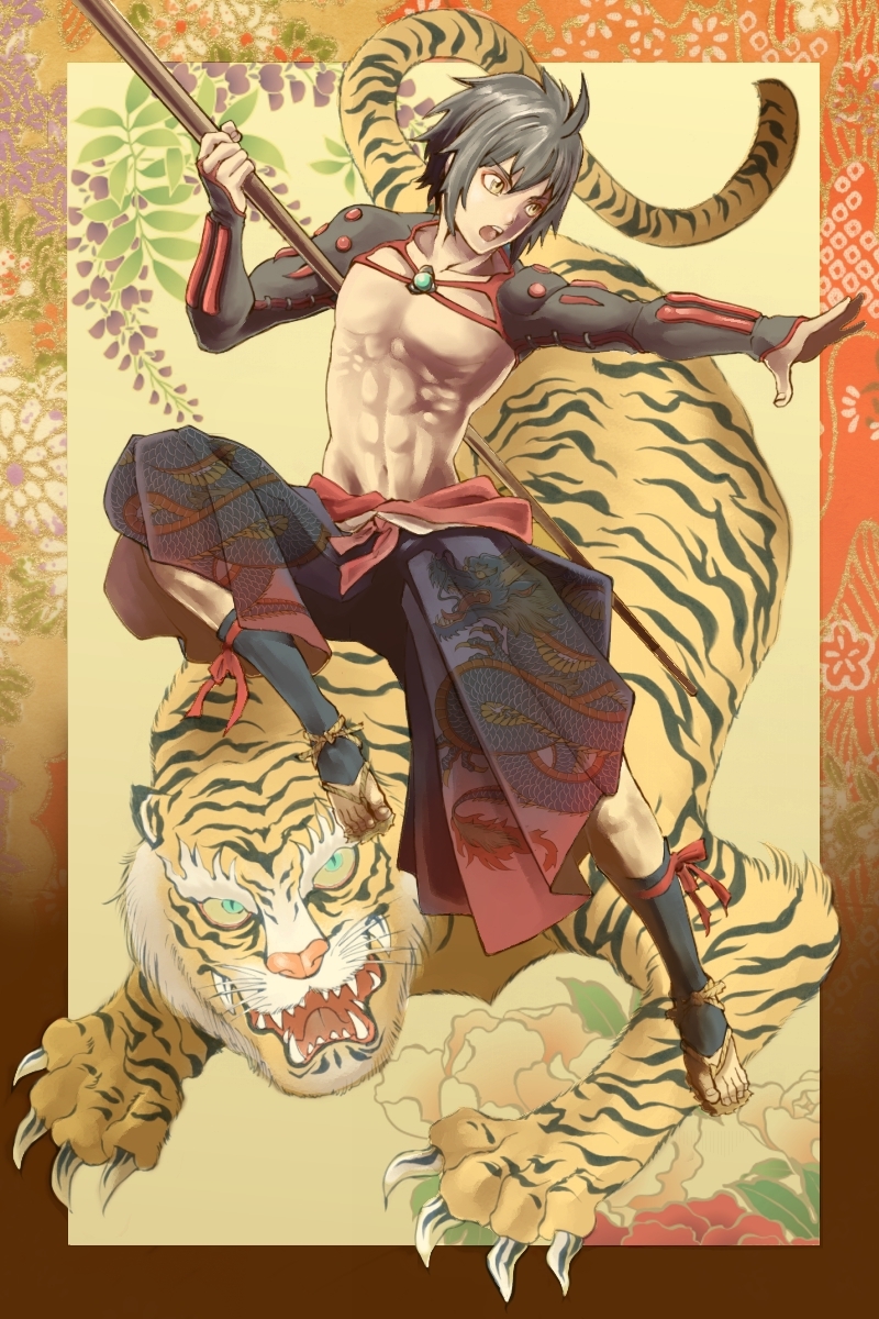 black_hair, h-y-d, hakama, highres, japanese_clothes, male, original, polearm