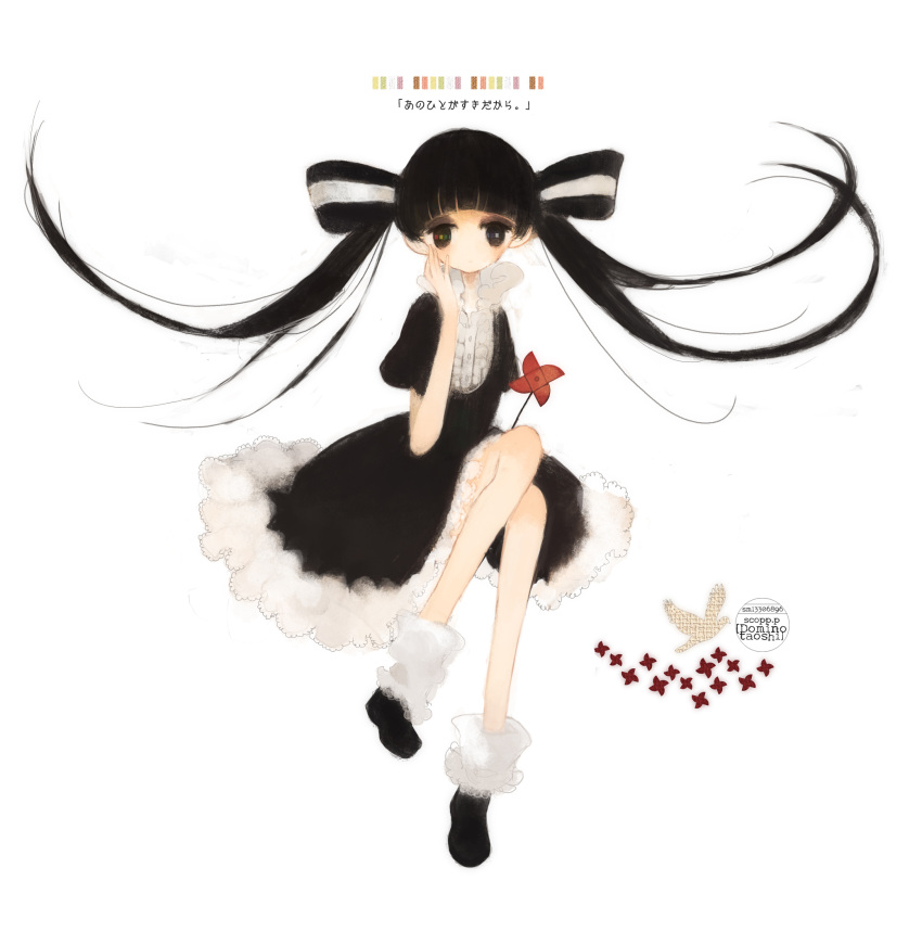 absurdres, alternate_hair_color, bird, black_dress, black_eyes, black_hair, domino_taoshi_(vocaloid), dress