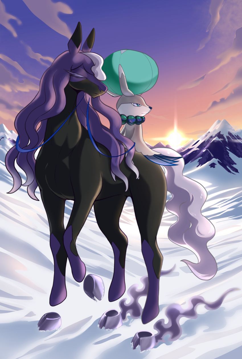 calyrex, calyrex_(rider), clouds, commentary_request, dusk, highres, mountain, netiel, outdoors, pokemon, pokemon_(creature), riding, riding_pokemon, sitting, sky, snow, spectrier, sunset, textless_version