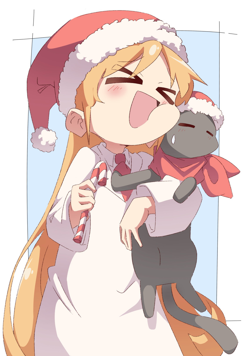 >_<, 1girl, absurdres, animal, black_cat, blonde_hair, blush, candy, candy_cane, cat, cheek_press, christmas, closed_eyes, commentary, english_commentary, food, hat, highres, holding, holding_animal, holding_candy, holding_food, kazuke_(kazuke9801), lab_coat, long_hair, long_sleeves, necktie, nichijou, open_mouth, professor_shinonome, pushing_away, sakamoto_(nichijou), santa_hat, scarf, smile, sweatdrop, very_long_hair