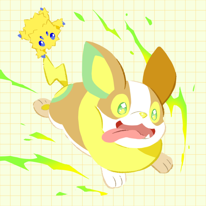 commentary_request, fang, green_eyes, grid_background, highres, holding_another's_tail, hoshimi_hazuki, joltik