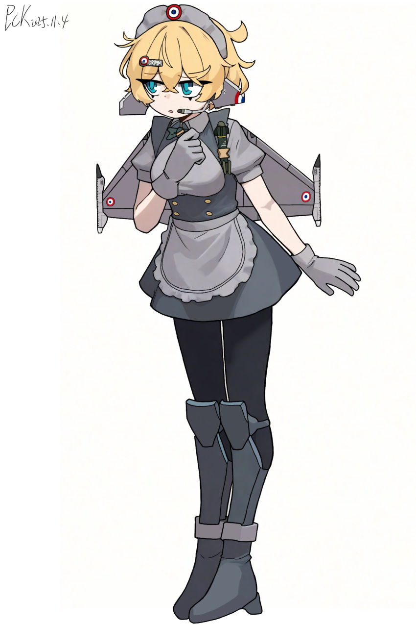 1girl, aircraft, airplane, apron, blonde_hair, blue_eyes, canards, chinese_text