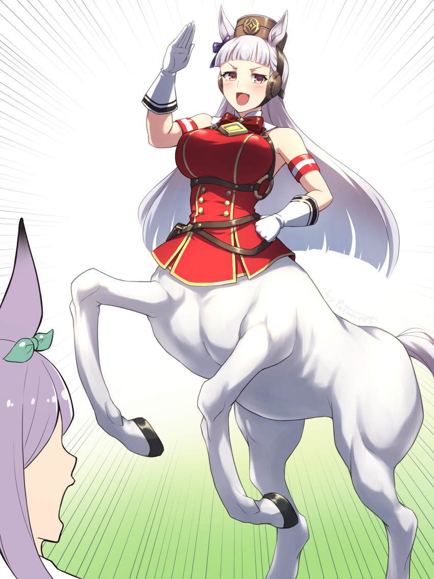 2girls, :d, absurdres, bare_shoulders, blunt_bangs, breasts, centaur, commentary_request