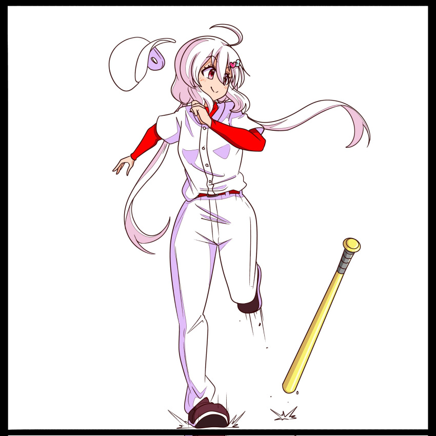 1girl, ahoge, amane_karen, baseball_bat, baseball_helmet, baseball_uniform, brown_shoes, closed_mouth