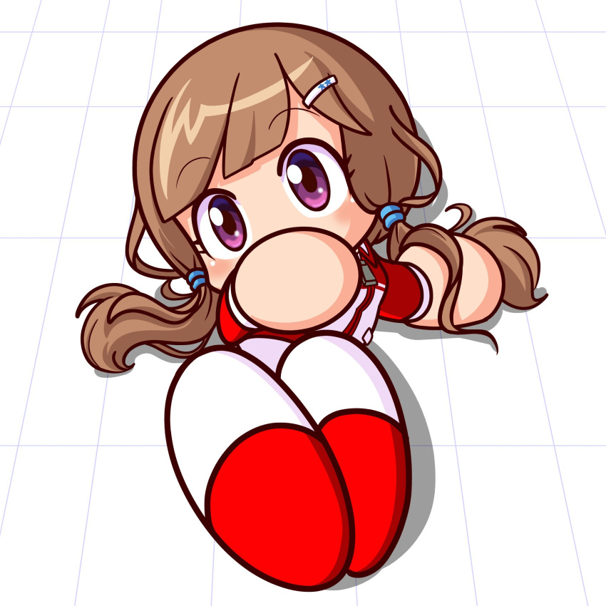 1girl, brown_hair, drilljapan, from_above, hair_ornament, hairclip, highres, jacket