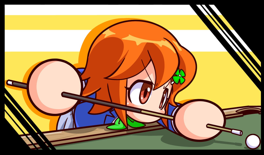 1girl, ball, billiard_ball, billiards, blazer, blue_jacket, clover_hair_ornament, cue_stick
