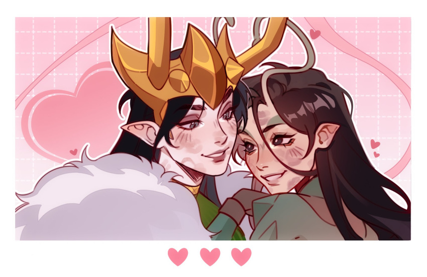 2girls, alternate_form, antennae, black_eyes, black_hair, border, bright_pupils, brown_eyeshadow