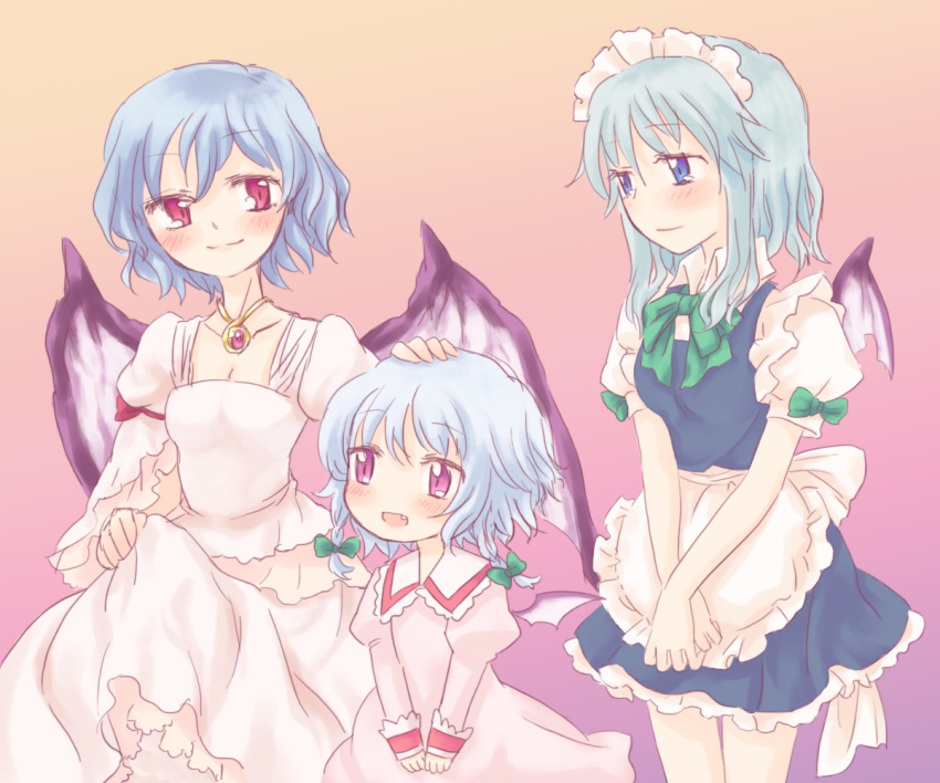 3girls, bad_id, bat_wings, blue_eyes, braid, child, collarbone, dress