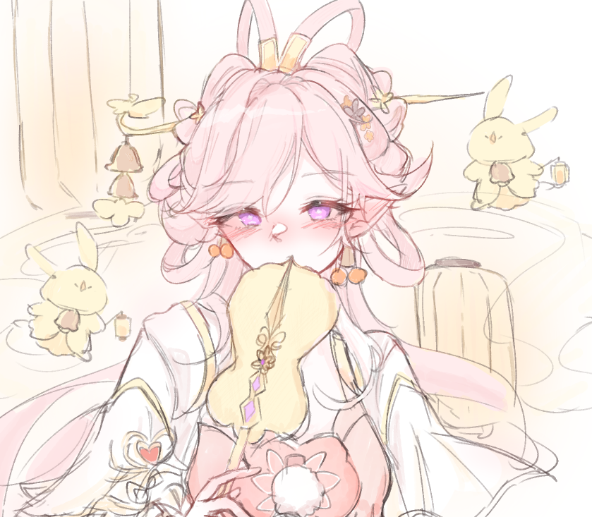 1girl, blush, breasts, chinese_clothes, covering_own_mouth, dress, earrings, elf, elysia_(hi_love_elf)_(honkai_impact), elysia_(honkai_impact), flower, hair_bun, hair_ornament, honkai_(series), honkai_impact_3rd, jewelry, looking_at_viewer, official_alternate_costume, pink_hair, pointy_ears, solo, tunananann, upper_body, violet_eyes