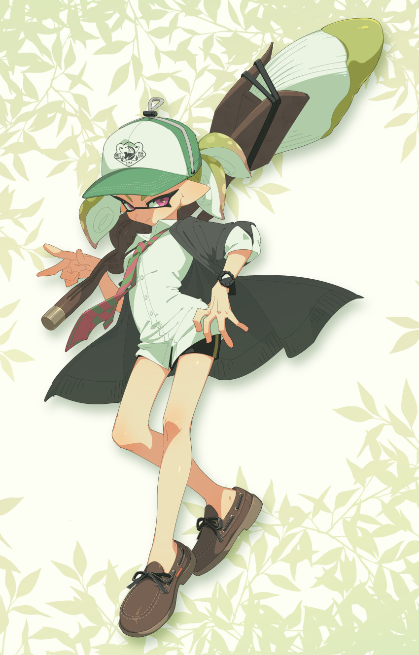 1girl, absurdres, baseball_cap, black_jacket, black_shorts, blonde_hair, brown_shoes, closed_mouth