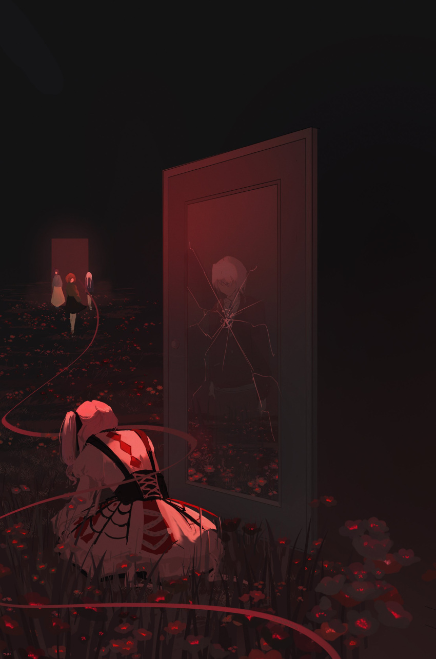 5girls, absurdres, black_bow, bow, broken_mirror, character_request, commentary_request, corset