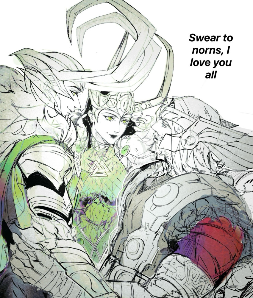 1girl, 2boys, alternate_form, armor, beard, blue_eyes, brother_and_sister, brothers