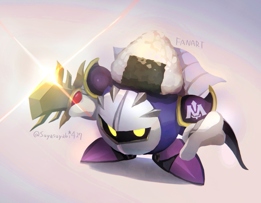 comically_serious, commentary_request, food, full_body, galaxia_(sword), highres, holding, holding_sword, holding_weapon, kirby_(series), kirby_air_ride, kirby_air_riders, mask, meta_knight, no_humans, onigiri, purple_shoes, shoes, solo, standing, suyasuyabi, sword, twitter_username, weapon, yellow_eyes